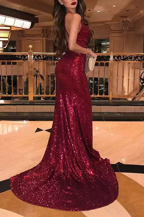 Dazzling Burgundy Sequin Mermaid Gown with Cowl Neck & High Slit