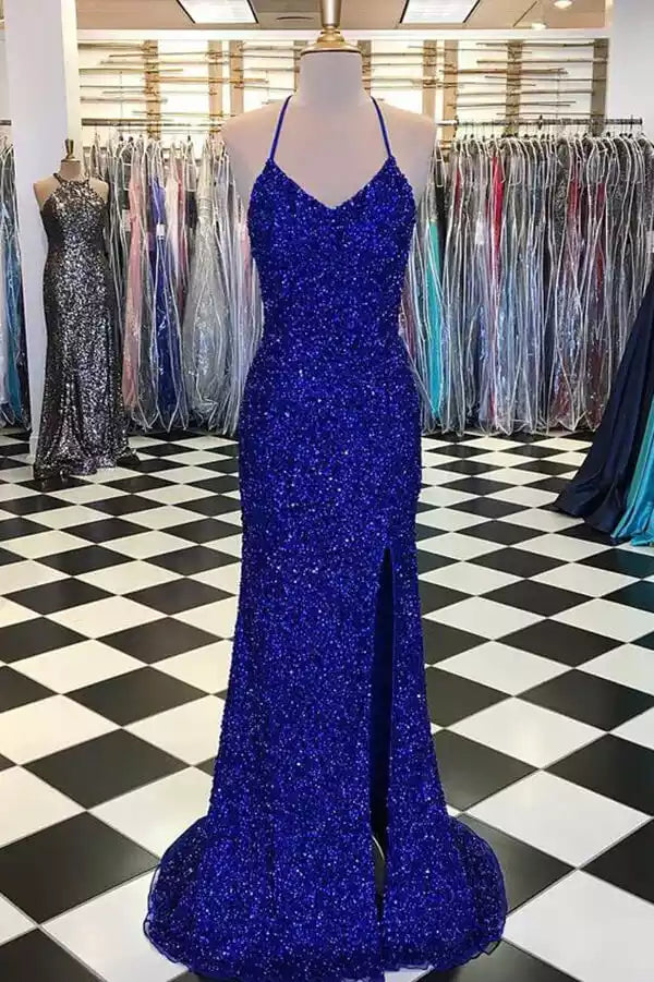 Dazzling Royal Blue Sequin Mermaid Gown with Halter Neck & Open Back