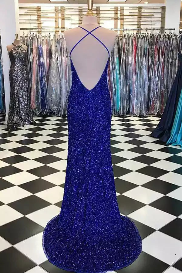 Dazzling Royal Blue Sequin Mermaid Gown with Halter Neck & Open Back