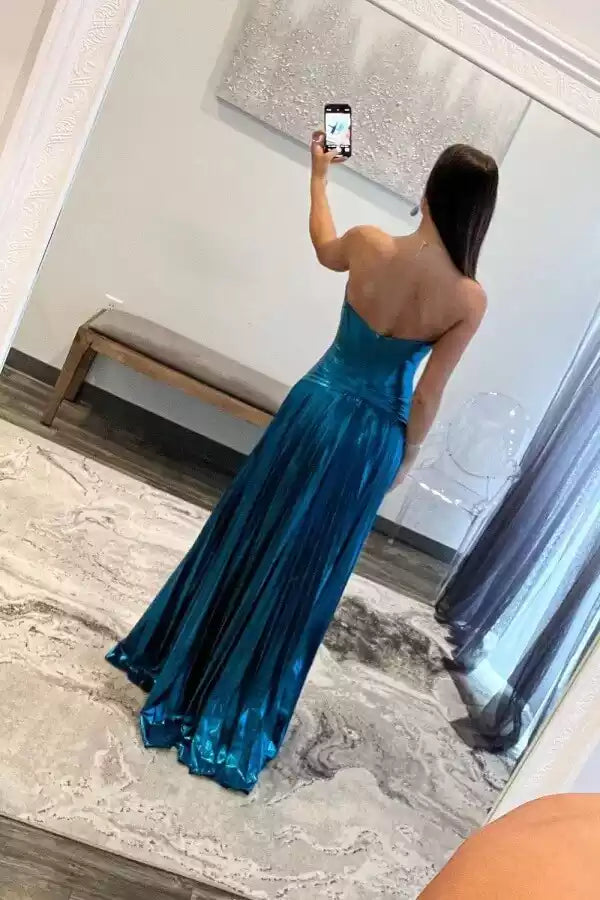 Dazzling Teal Metallic A-Line Gown with Strapless Sweetheart Neck & Cutout Bodice