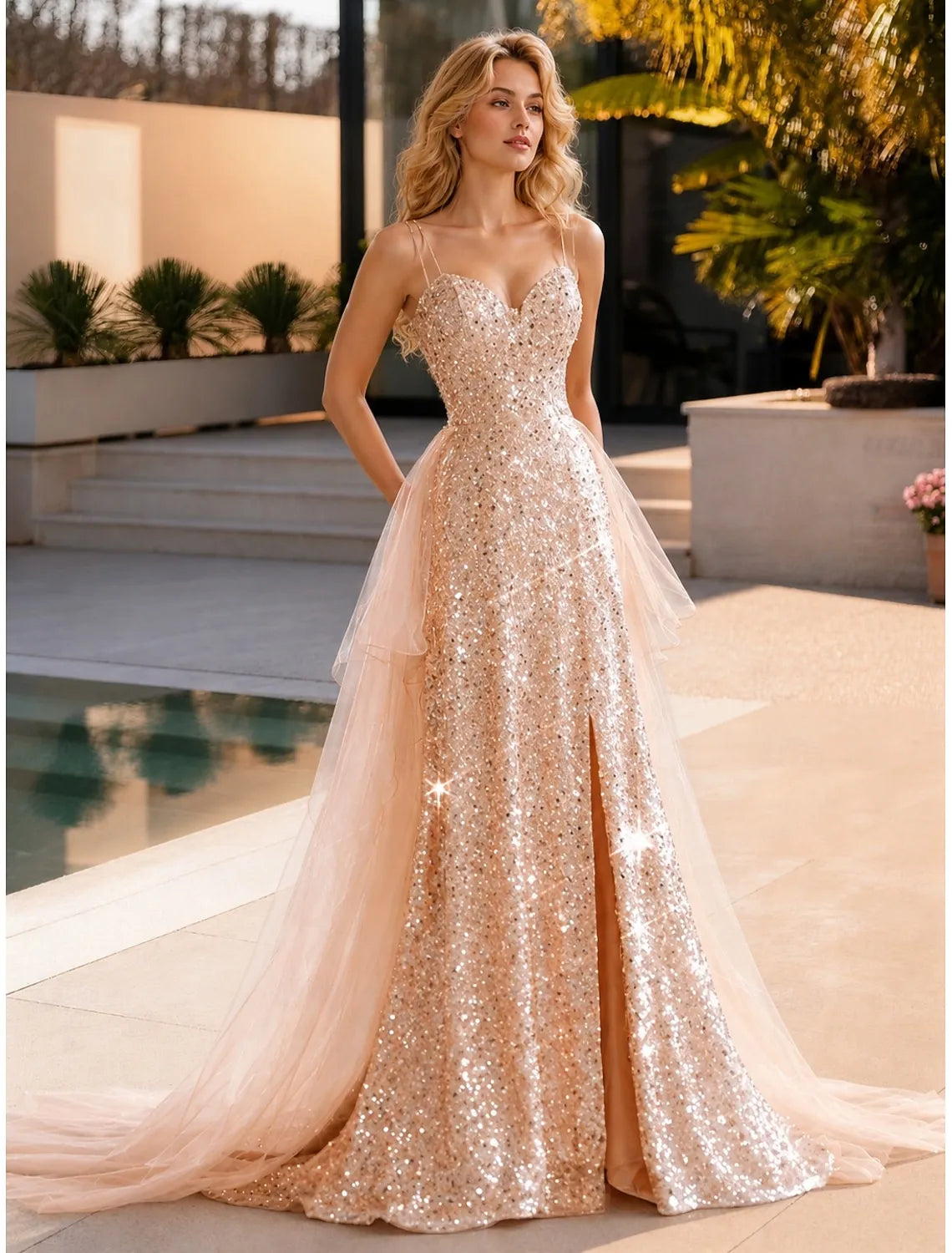 Dazzling Sequin A-Line High Slit Sweetheart Sleeveless Criss-Cross Back Floor-Length Prom Dresses