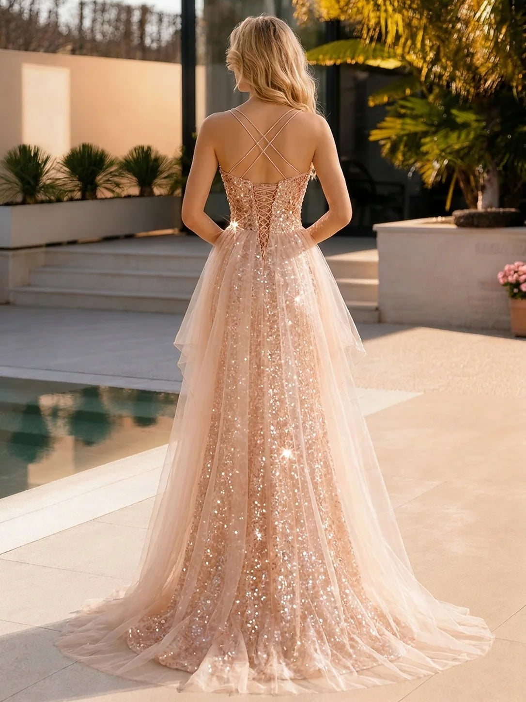 Dazzling Sequin A-Line High Slit Sweetheart Sleeveless Criss-Cross Back Floor-Length Prom Dresses