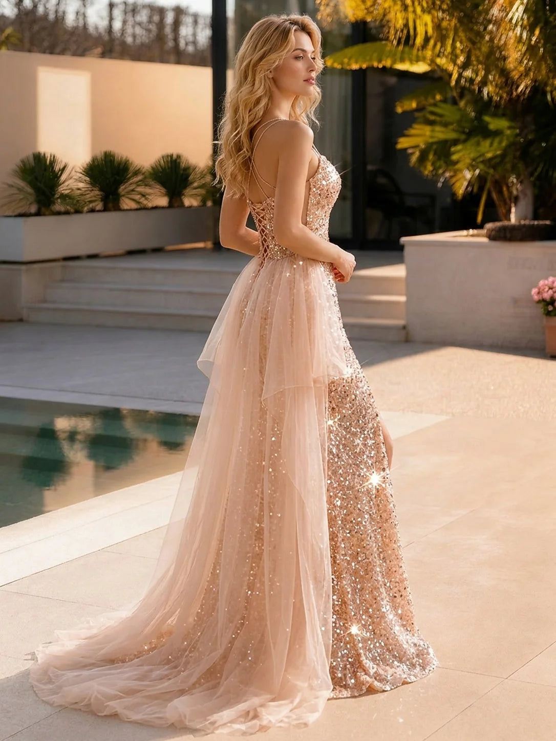 Dazzling Sequin A-Line High Slit Sweetheart Sleeveless Criss-Cross Back Floor-Length Prom Dresses