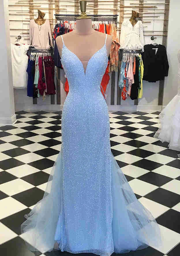 Dazzling Sequin Tulle Mermaid Deep V-Neck Spaghetti Strap Low V-Back Floor-Length Evening Dresses