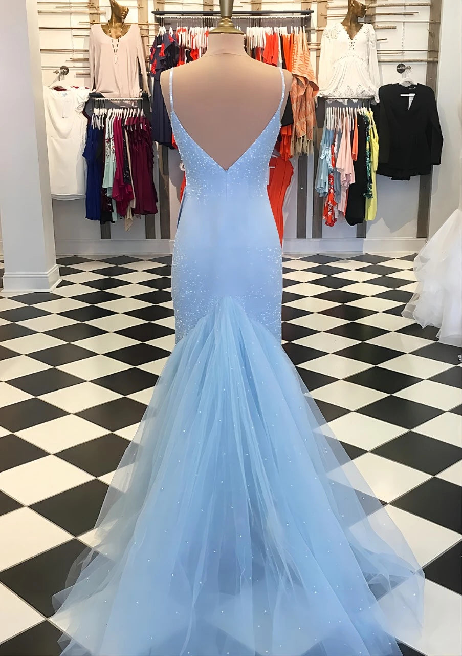 Dazzling Sequin Tulle Mermaid Deep V-Neck Spaghetti Strap Low V-Back Floor-Length Evening Dresses