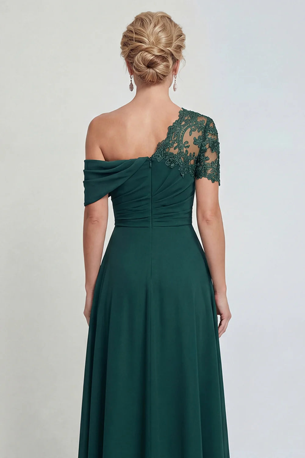 Deep Green Chiffon A-Line Asymmetrical Neck Lace-Sleeve Floor Length Mother of the Bride Dress