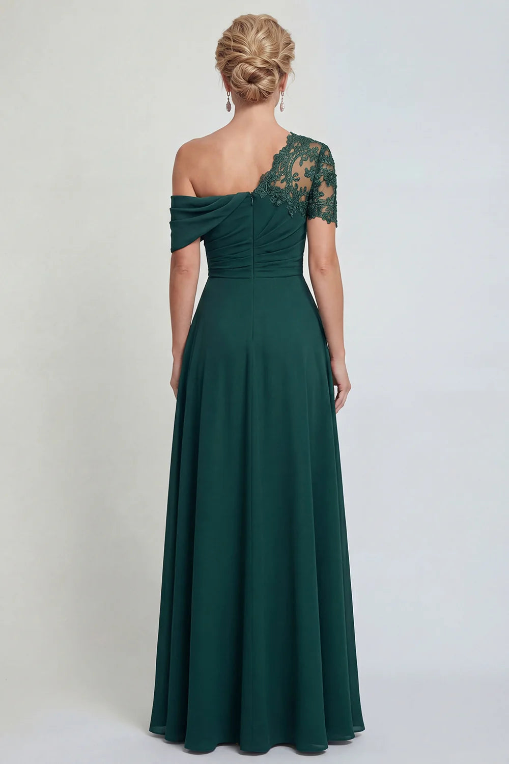 Deep Green Chiffon A-Line Asymmetrical Neck Lace-Sleeve Floor Length Mother of the Bride Dress