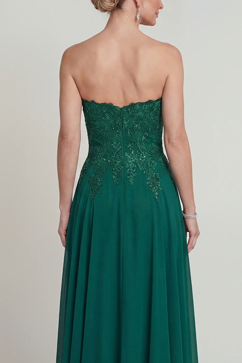 Deep Green Chiffon A-Line Strapless Lace-Bodice Floor Length Mother of the Bride Dress