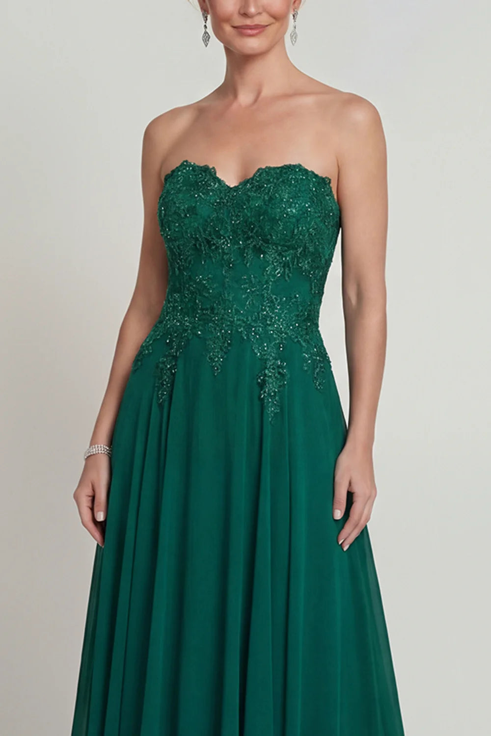 Deep Green Chiffon A-Line Strapless Lace-Bodice Floor Length Mother of the Bride Dress