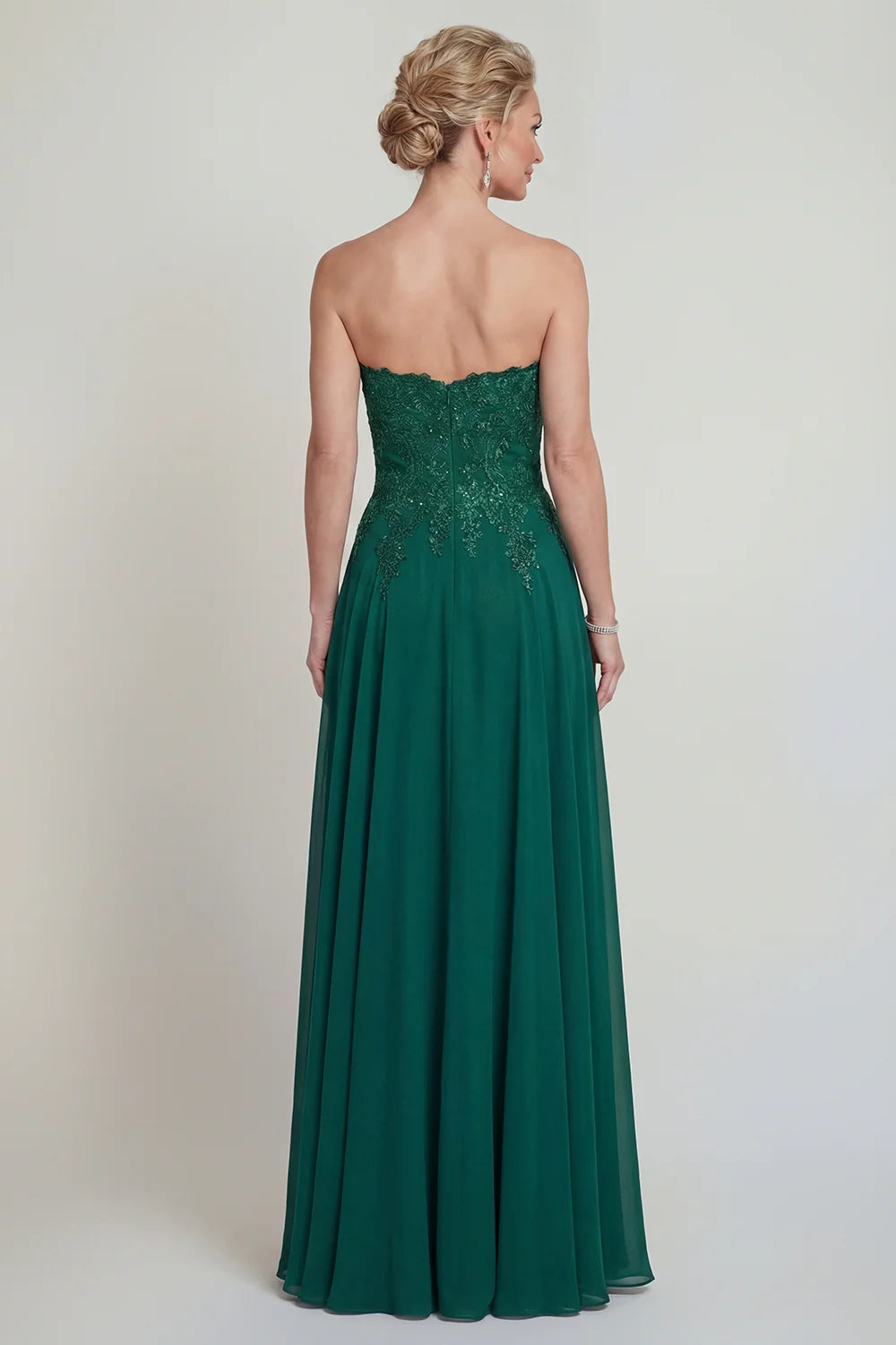 Deep Green Chiffon A-Line Strapless Lace-Bodice Floor Length Mother of the Bride Dress