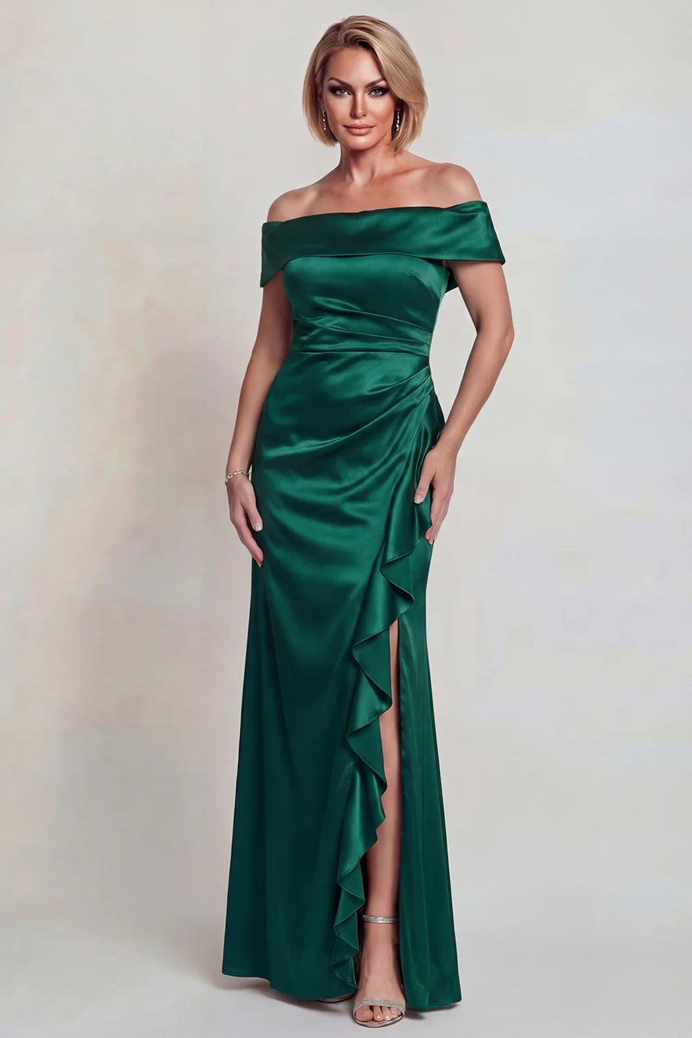 Deep Green Satin Mermaid Off-Shoulder Draped-Skirt Floor Length Mother of the Bride Dress