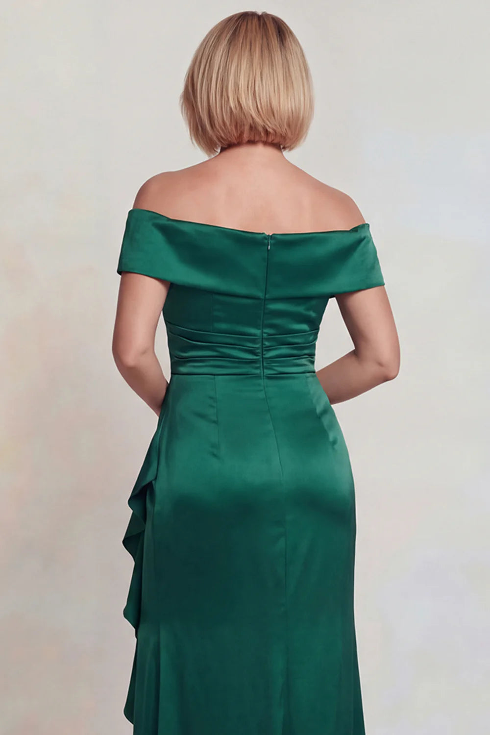 Deep Green Satin Mermaid Off-Shoulder Draped-Skirt Floor Length Mother of the Bride Dress