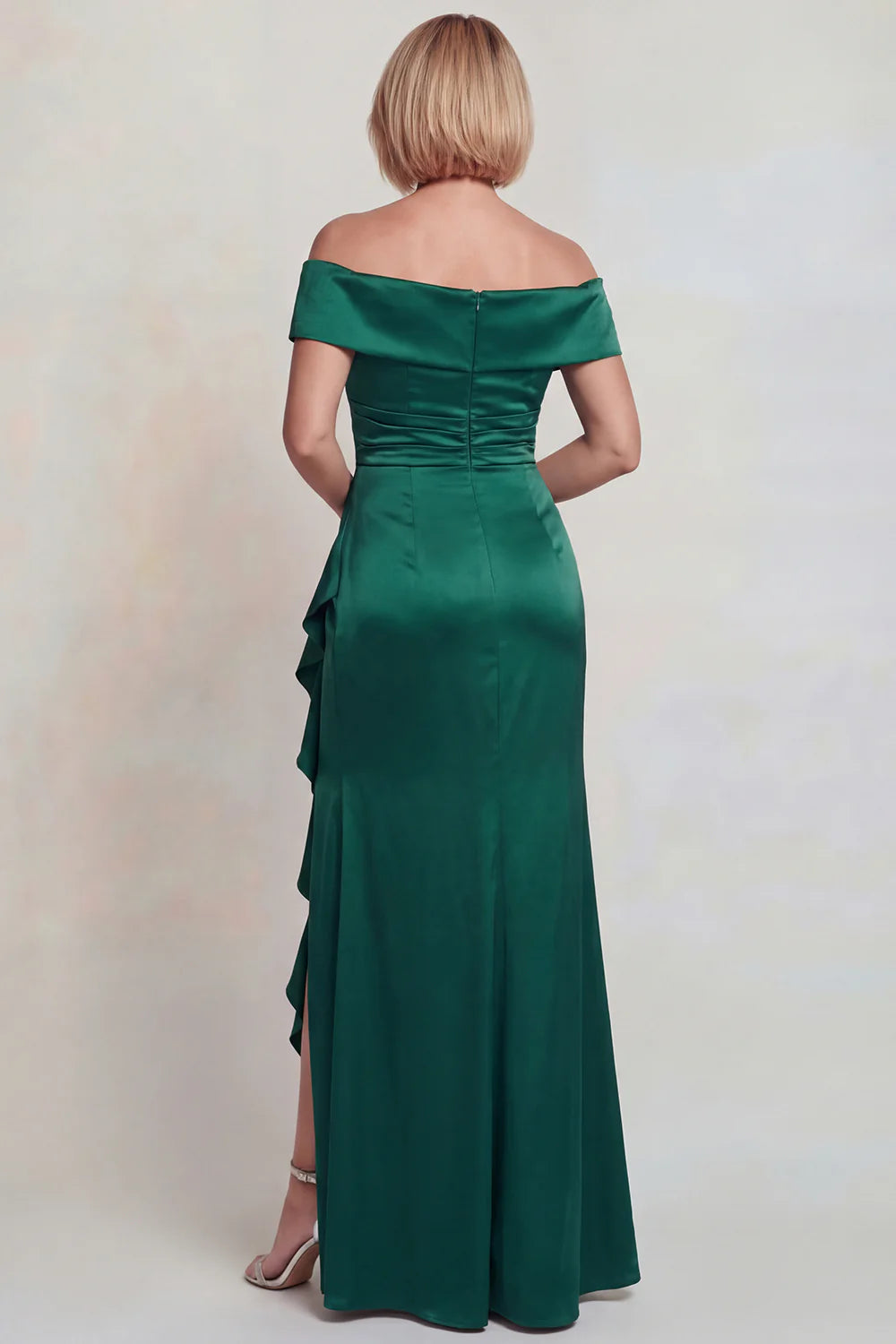 Deep Green Satin Mermaid Off-Shoulder Draped-Skirt Floor Length Mother of the Bride Dress