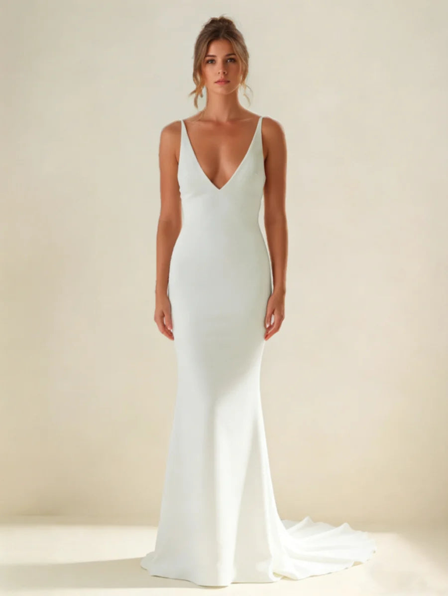 Deep V-Neck Crepe Wedding Dress with Spaghetti Straps, Cowl Back & Mermaid Train