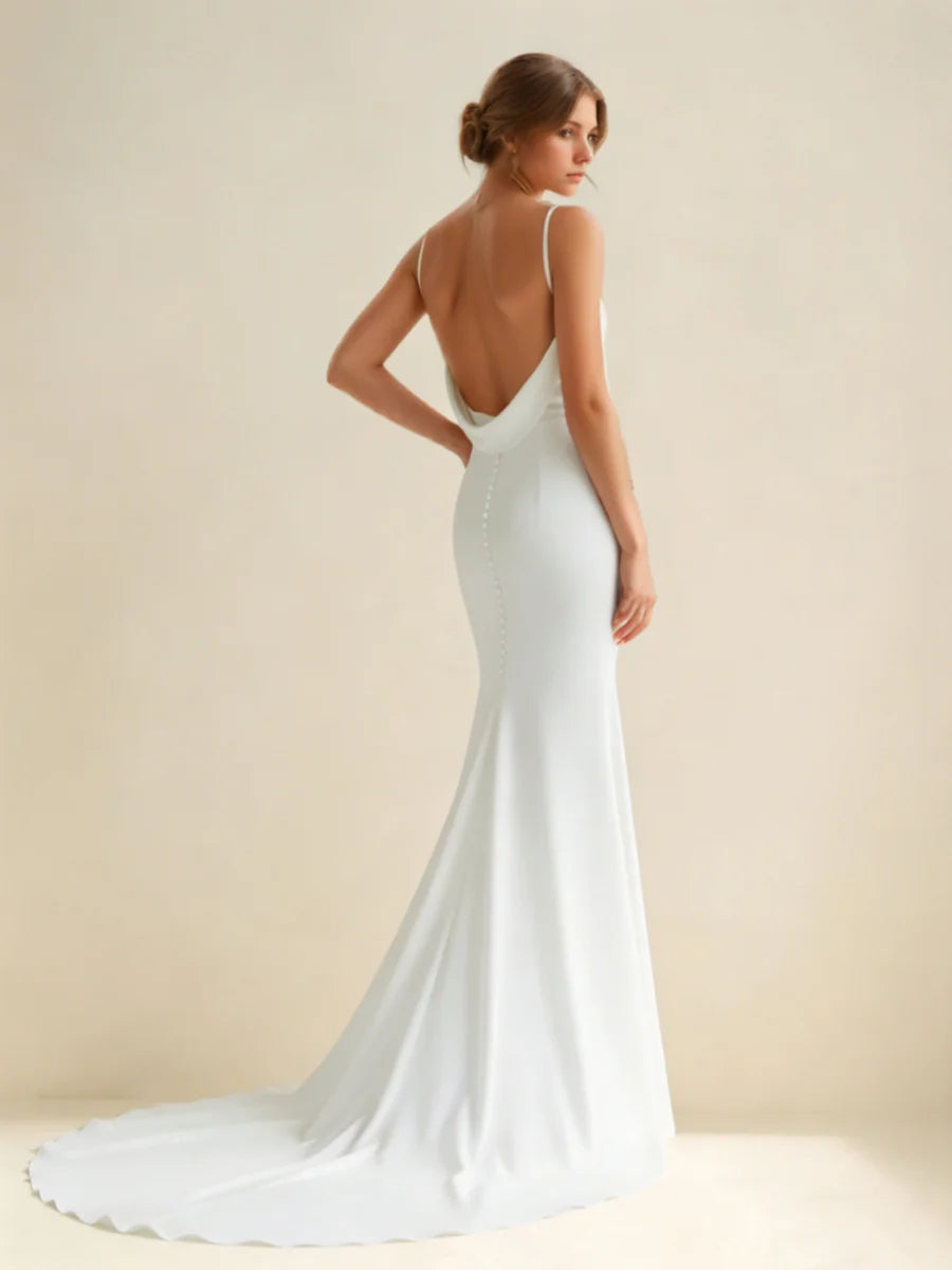 Deep V-Neck Crepe Wedding Dress with Spaghetti Straps, Cowl Back & Mermaid Train