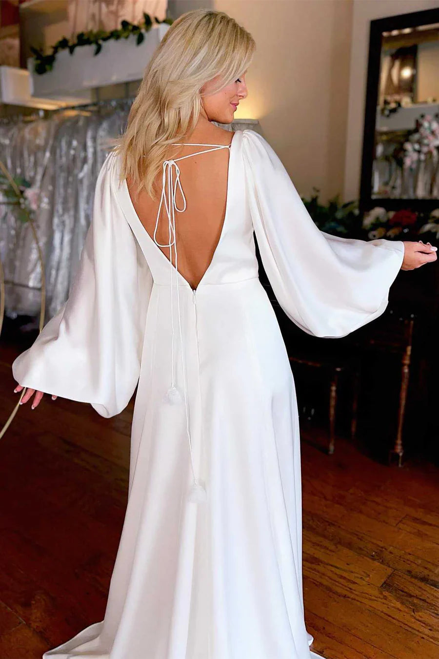 Deep V-Neck Satin Wedding Dresses with Billowy Long Sleeves, Open Back Tie Detail, High Slit and Train Bridal Gown