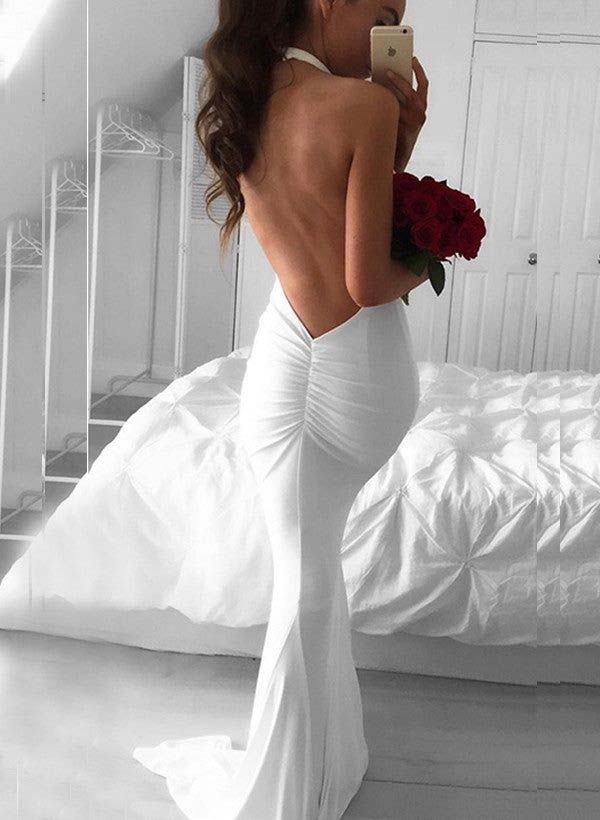 Deep V Neck Halter Mermaid Wedding Dress with Open Back Sweep Train Bridal Gown