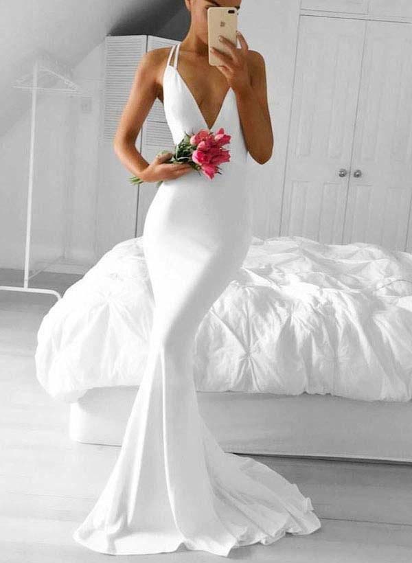 Deep V Neck Halter Mermaid Wedding Dress with Open Back Sweep Train Bridal Gown