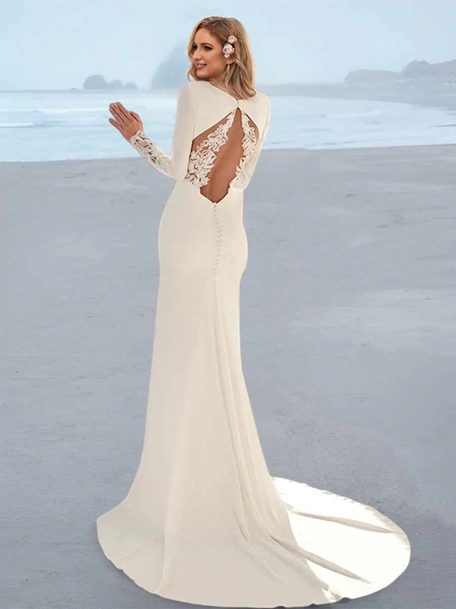 Deep V Neck Long Sleeve Mermaid Wedding Dress with Lace Applique Open Back Sweep Train Bridal Gown