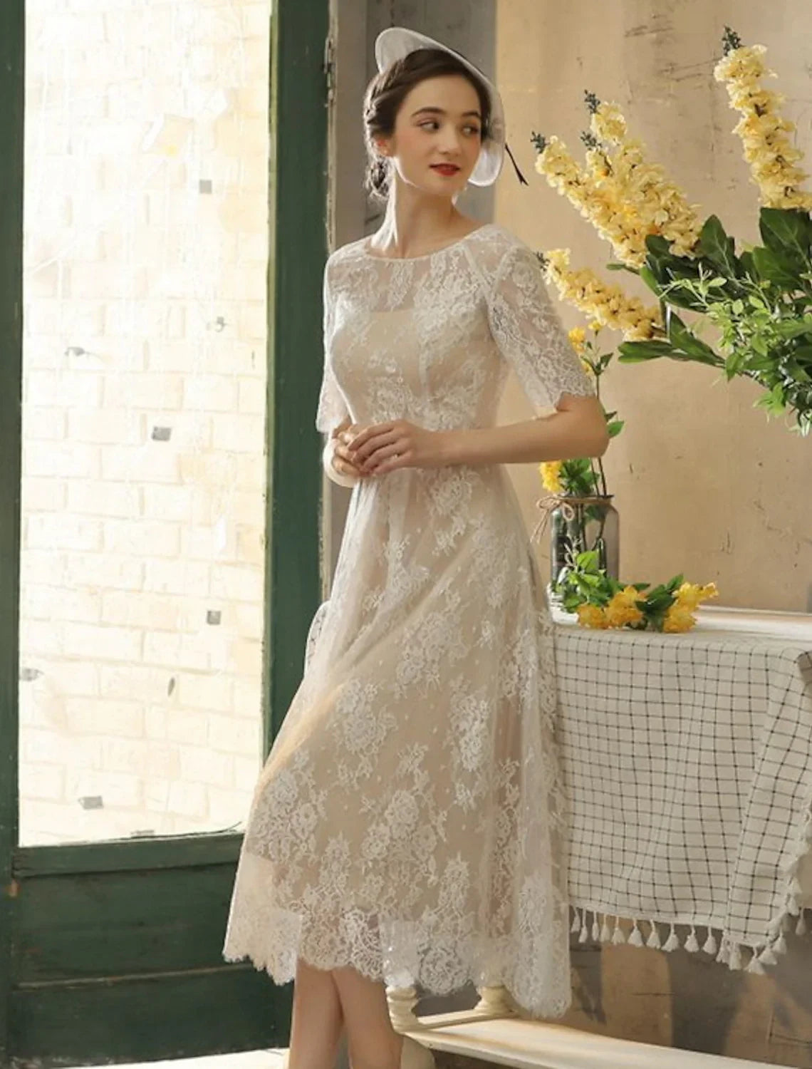 Delicate Lace A-Line Boat Neck Elbow Sleeve Covered Back Midi Length Wedding Dresses