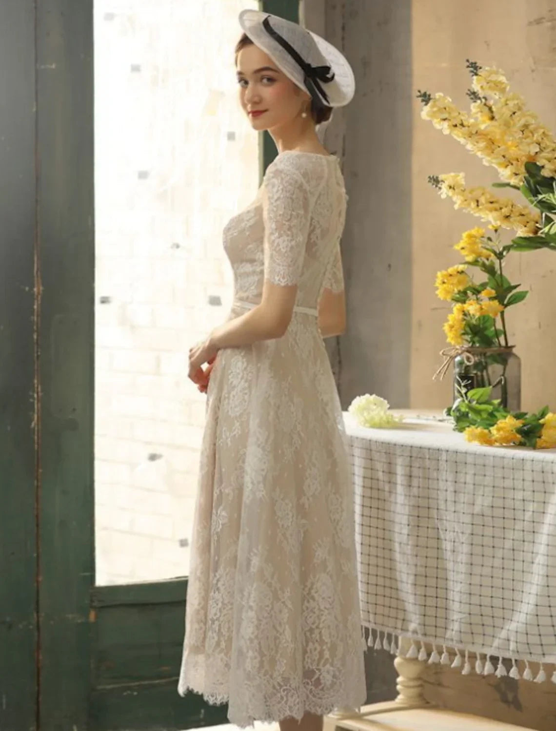 Delicate Lace A-Line Boat Neck Elbow Sleeve Covered Back Midi Length Wedding Dresses
