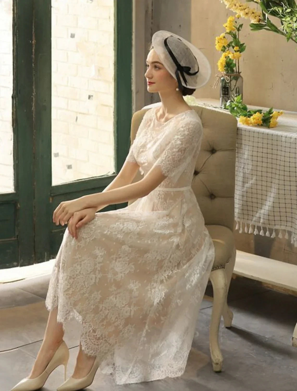 Delicate Lace A-Line Boat Neck Elbow Sleeve Covered Back Midi Length Wedding Dresses