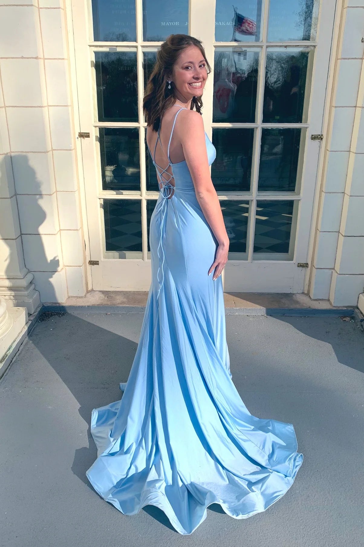 Double Straps Blue Satin Mermaid Long Full Of Charm Prom Dresses