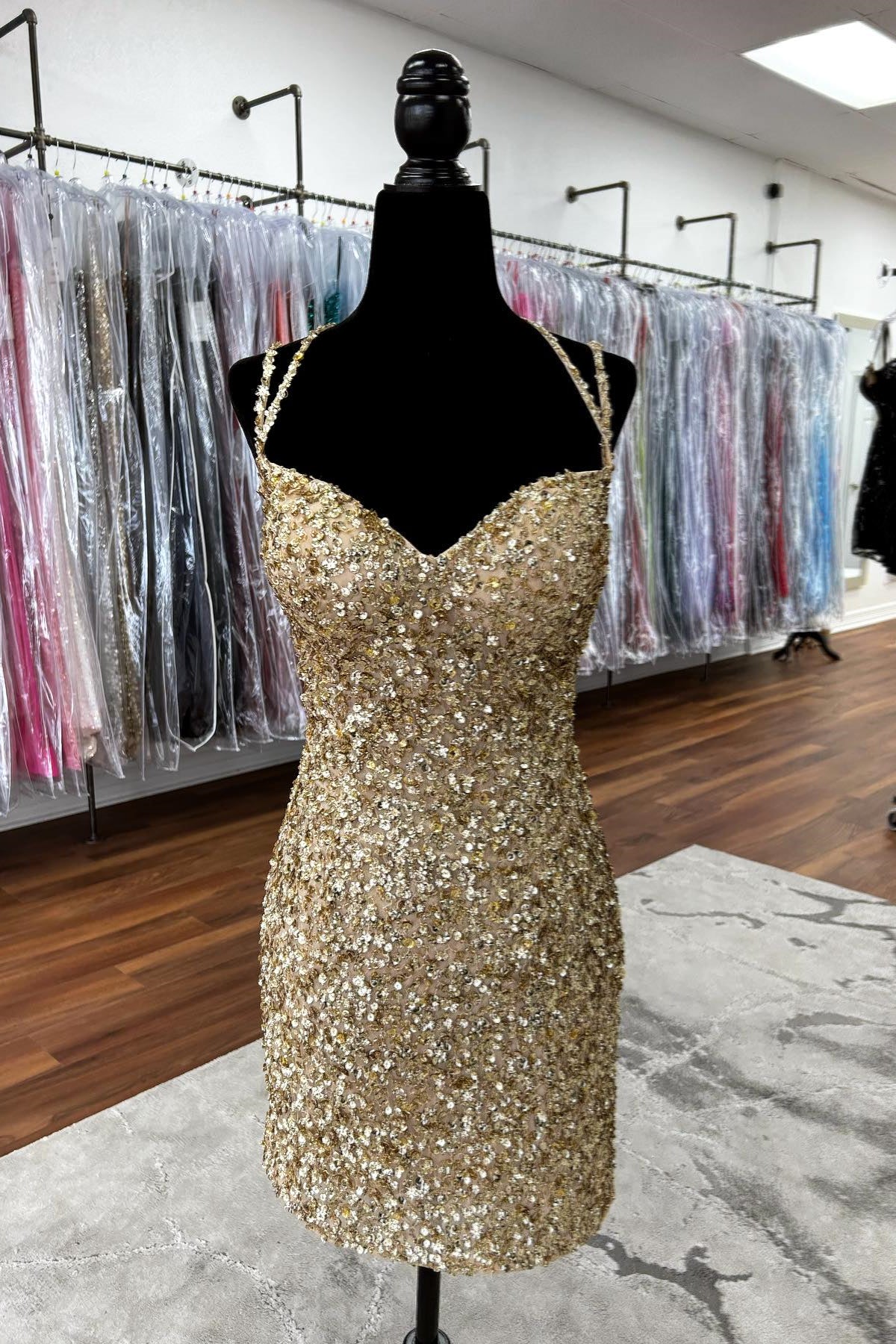 Double Straps Golden Sequin Tight Short Full Of Charm Homecoming Dresses