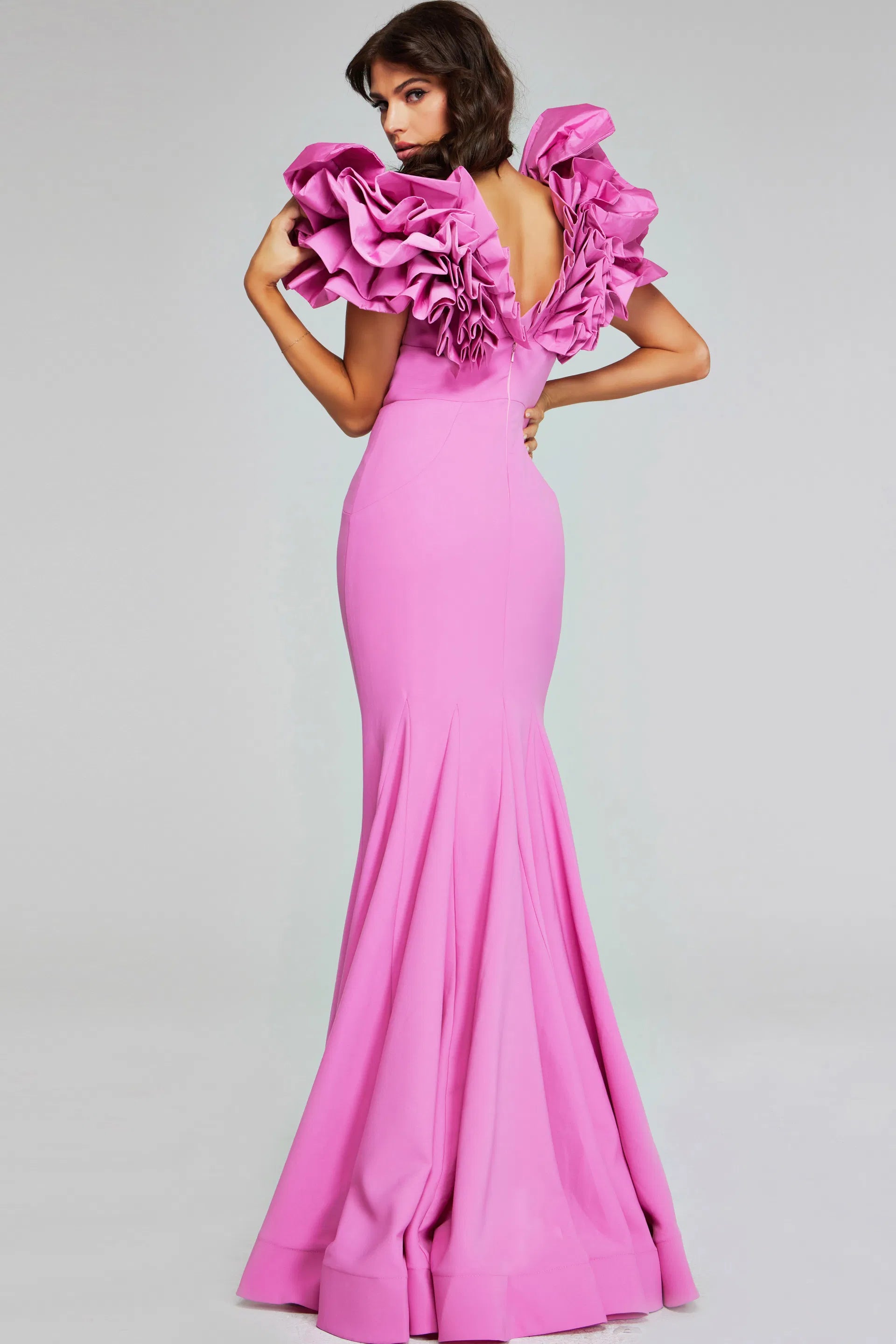 Dramatic Evening Dress with Deep V-Neckline, Oversized Ruffled Shoulders and Mermaid Train