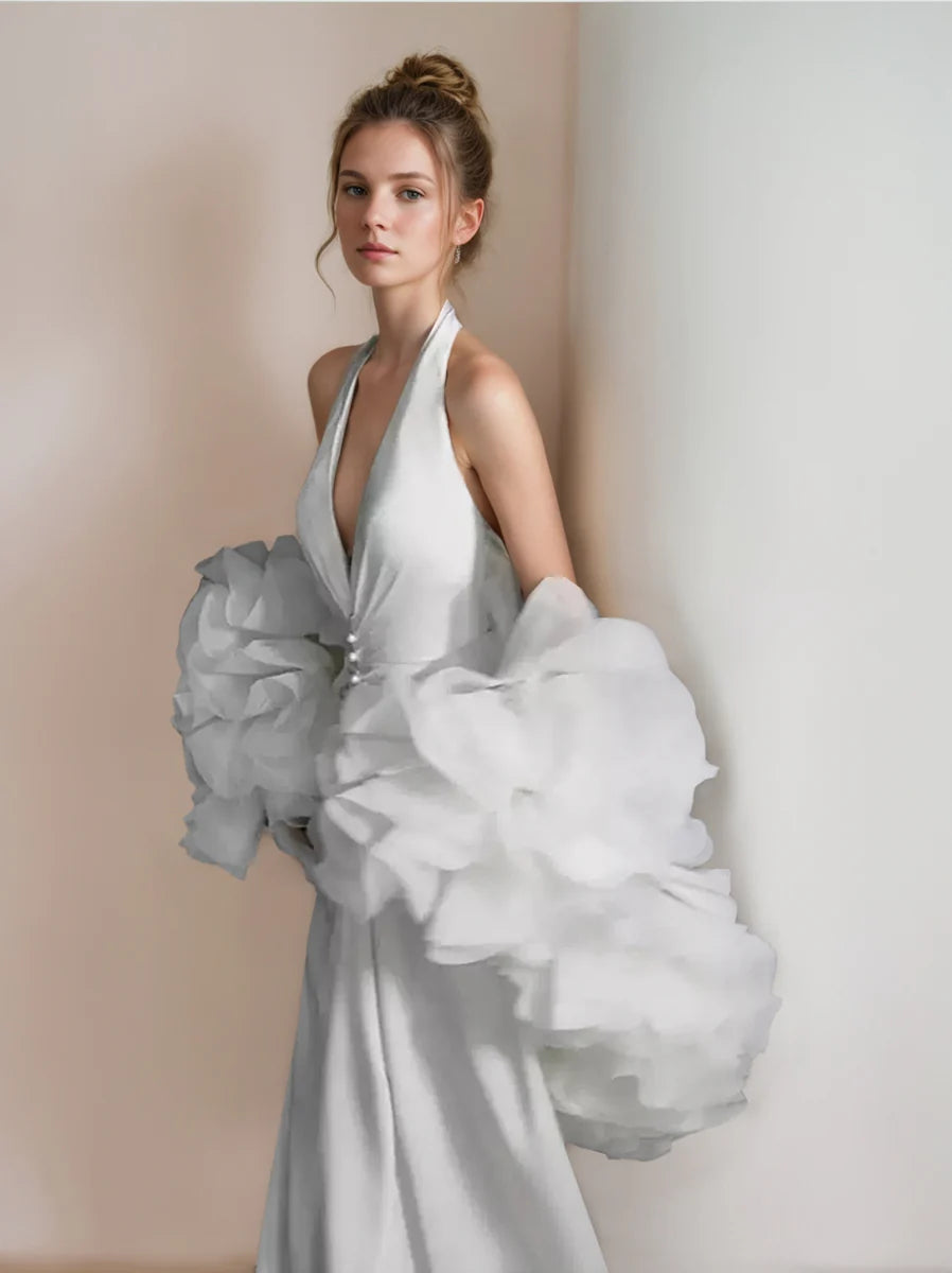 Dramatic Halter Neck Plunging V-Neck Satin Mermaid Wedding Dress with Oversized Organza Ruffle Skirt & Low Open Back