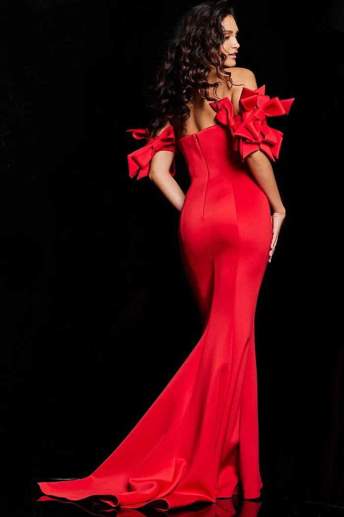 Dramatic Mermaid Off-the-Shoulder Bow Detail Sleeveless Train Floor-Length Evening Dress for Formal Events and Special Occasions