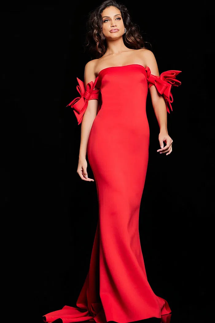 Dramatic Mermaid Off-the-Shoulder Bow Detail Sleeveless Train Floor-Length Evening Dress for Formal Events and Special Occasions