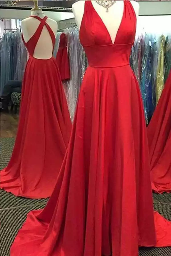 Dramatic Red Satin A-Line Gown with Plunge V-Neck & Criss-Cross Back