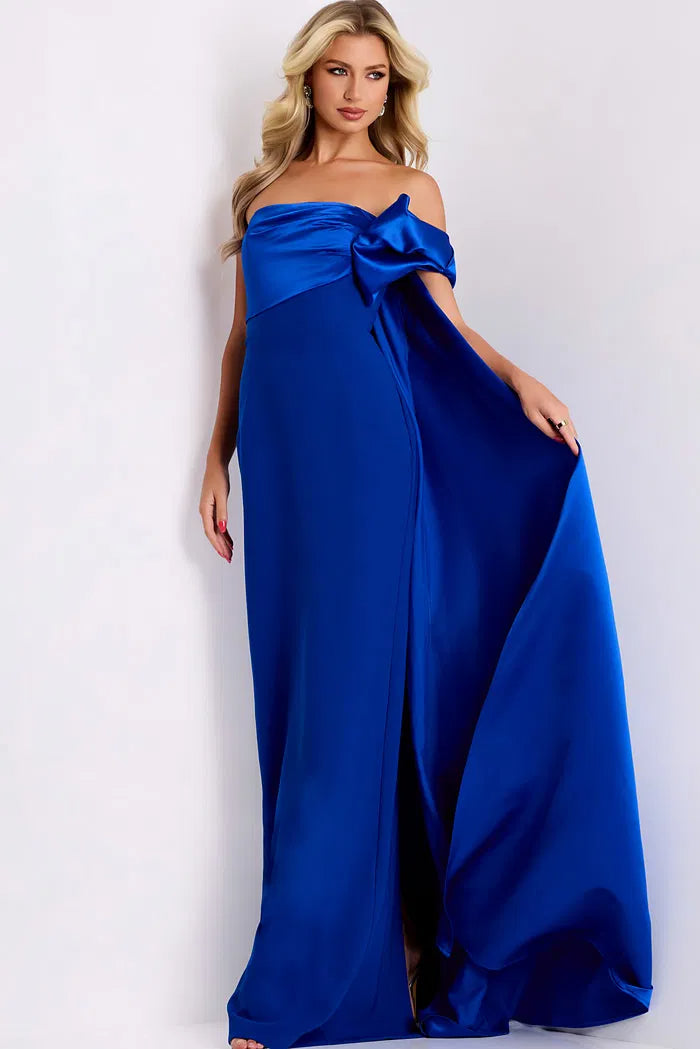Dramatic Royal Blue Satin Evening Gown with One-Shoulder Bow, Oversized Cape Overlay and High Slit