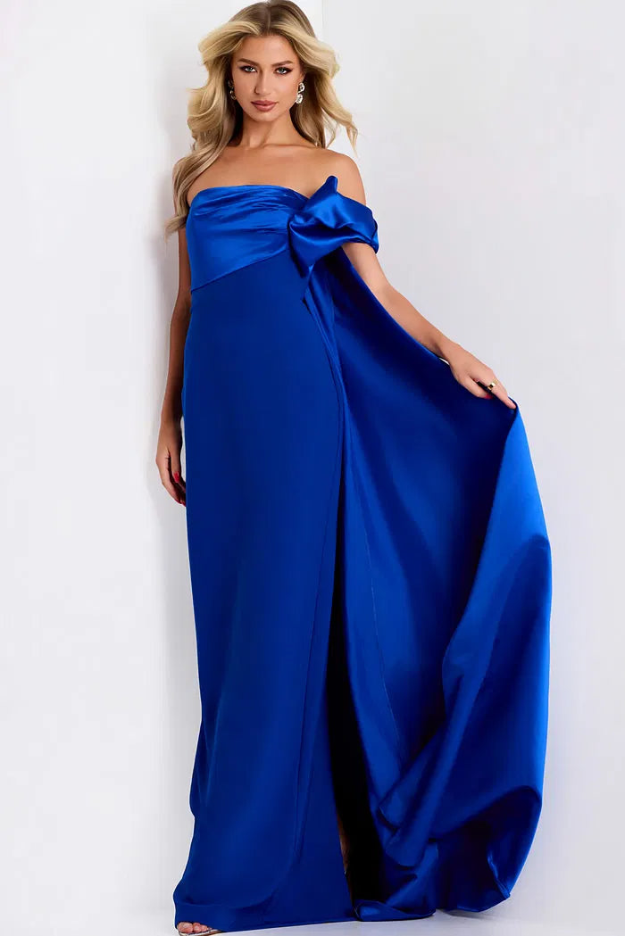 Dramatic Royal Blue Satin Evening Gown with One-Shoulder Bow, Oversized Cape Overlay and High Slit
