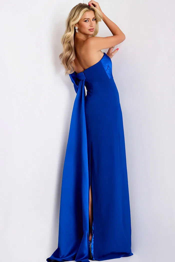Dramatic Royal Blue Satin Evening Gown with One-Shoulder Bow, Oversized Cape Overlay and High Slit