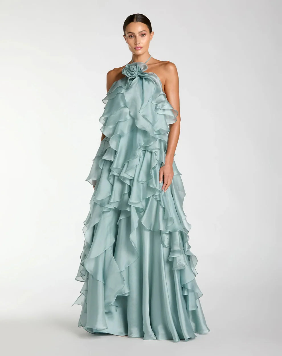 Dramatic Voluminous Halter Neck Sleeveless Open Back Ruffled Organza Maxi Evening Dress
