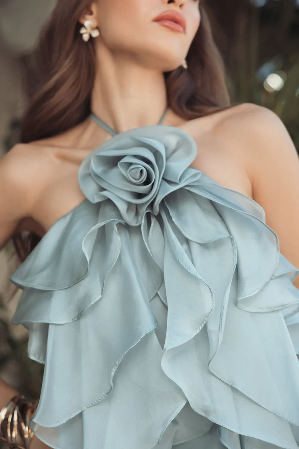 Dramatic Voluminous Halter Neck Sleeveless Open Back Ruffled Organza Maxi Evening Dress