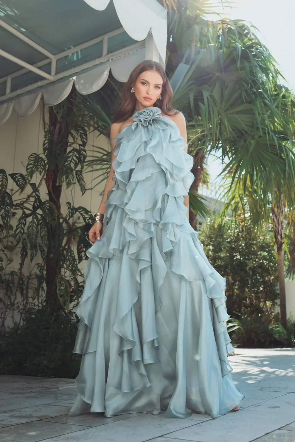 Dramatic Voluminous Halter Neck Sleeveless Open Back Ruffled Organza Maxi Evening Dress
