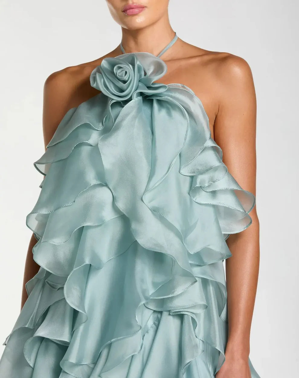 Dramatic Voluminous Halter Neck Sleeveless Open Back Ruffled Organza Maxi Evening Dress