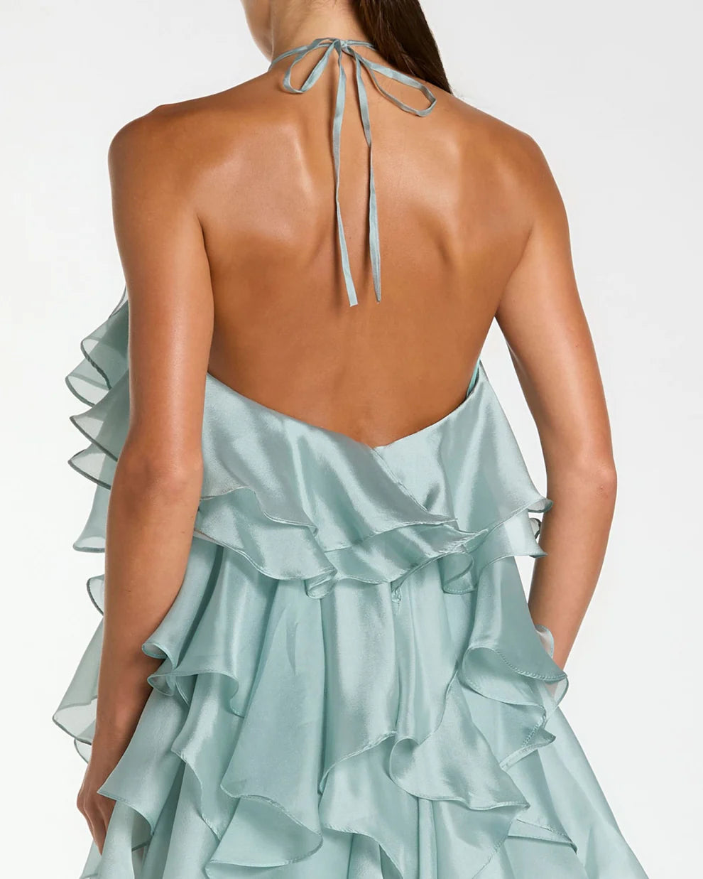Dramatic Voluminous Halter Neck Sleeveless Open Back Ruffled Organza Maxi Evening Dress