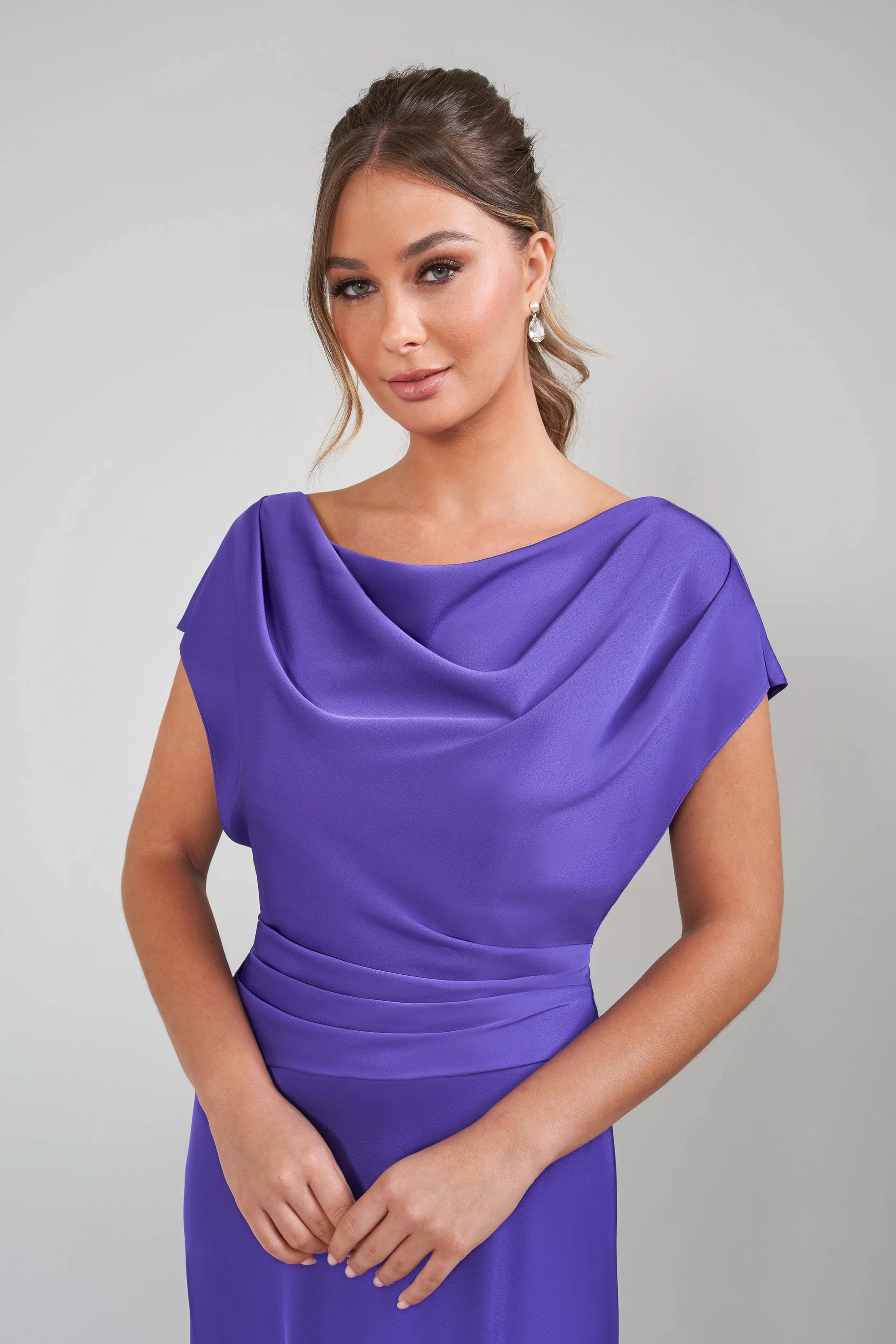 Draped Cowl Neck Short Sleeve Satin Column Floor-Length Mother of the Bride Dresses
