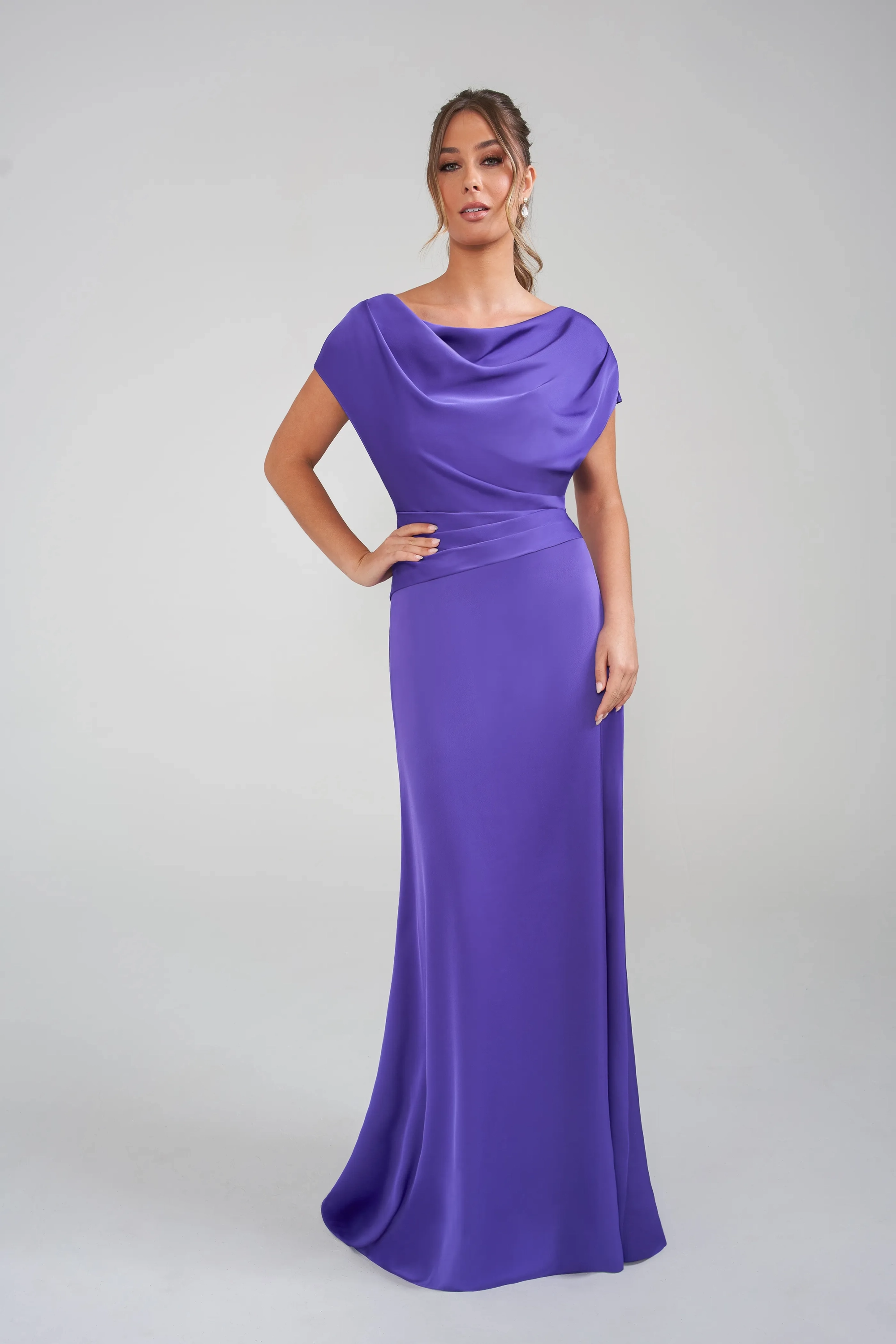 Draped Cowl Neck Short Sleeve Satin Column Floor-Length Mother of the Bride Dresses