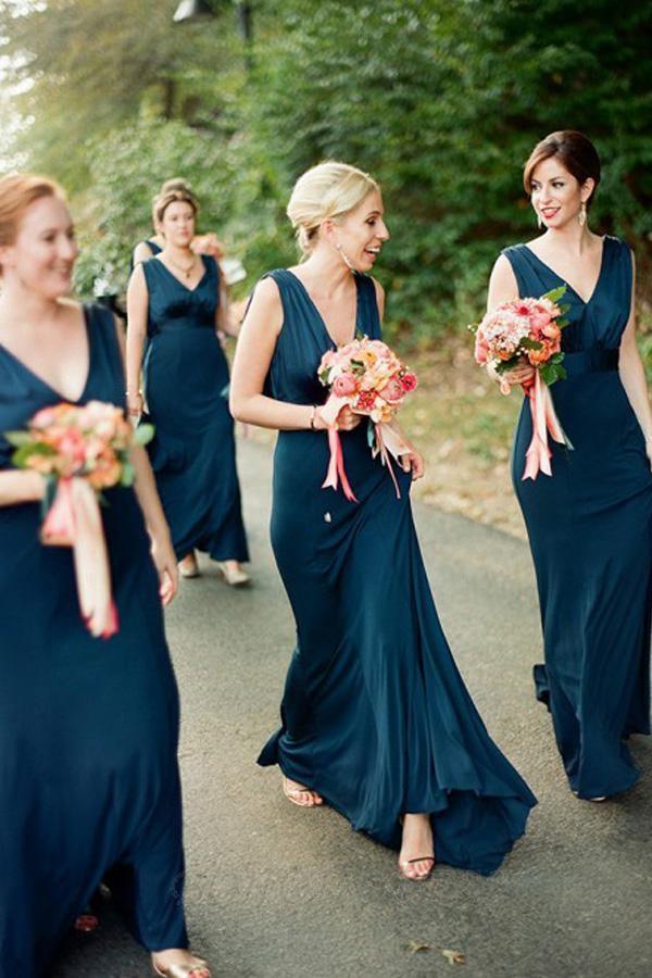 Draped Jersey Sleeveless V-Neck Cowl Back Floor Length Bridesmaid Dress