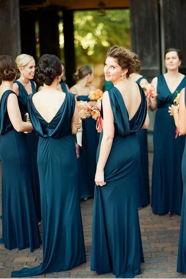 Draped Jersey Sleeveless V-Neck Cowl Back Floor Length Bridesmaid Dress