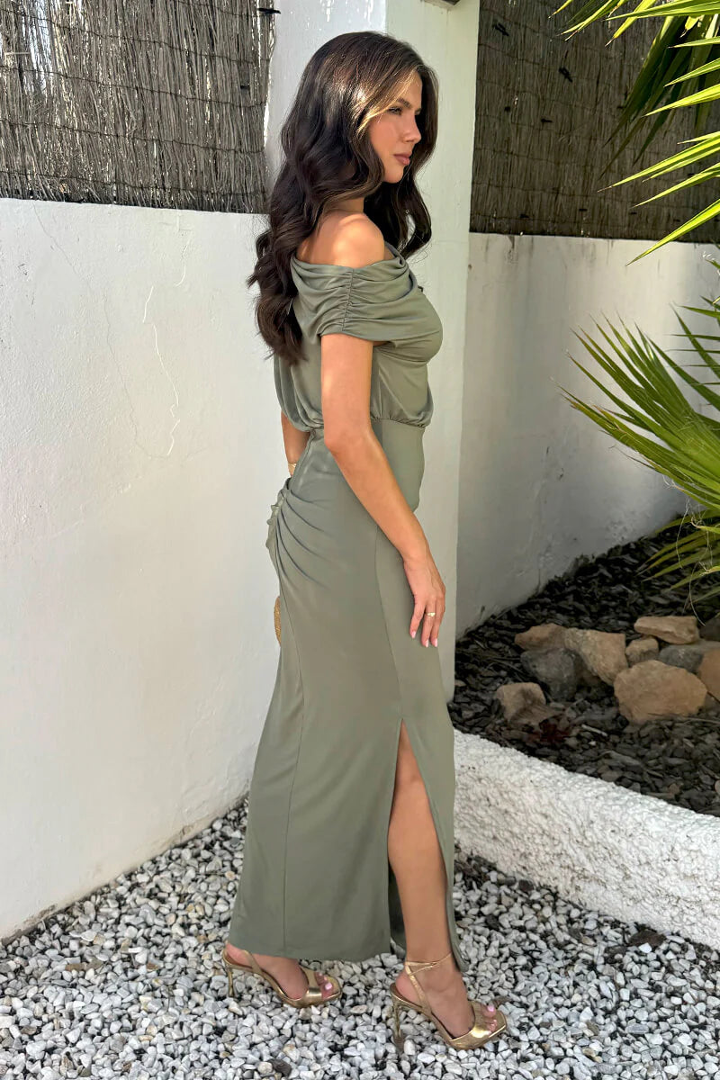 Draped One-Shoulder Ruched Back Slit Bodycon Floor-Length Evening Dress