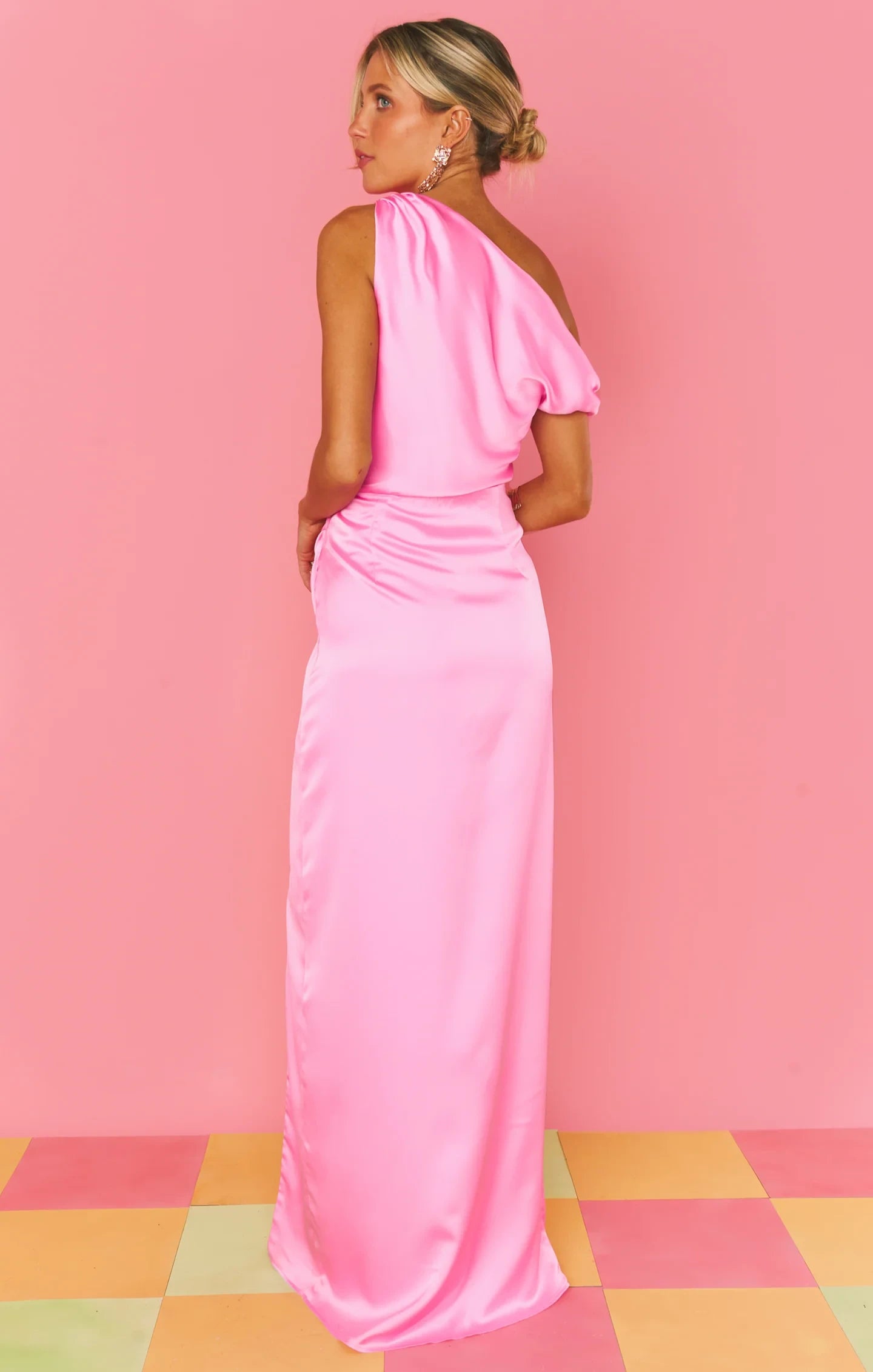 Draped Satin Sheath One-Shoulder Sleeveless High Slit Floor-Length Bridesmaid Dresses