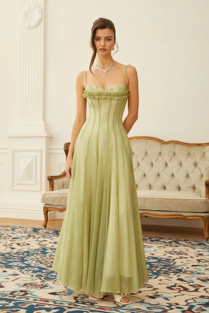 Dreamy ALine Sweetheart Ruffle Spaghetti Straps Smocked Back Floor Length Evening Dresses