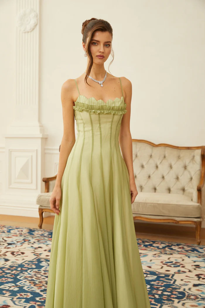 Dreamy ALine Sweetheart Ruffle Spaghetti Straps Smocked Back Floor Length Evening Dresses