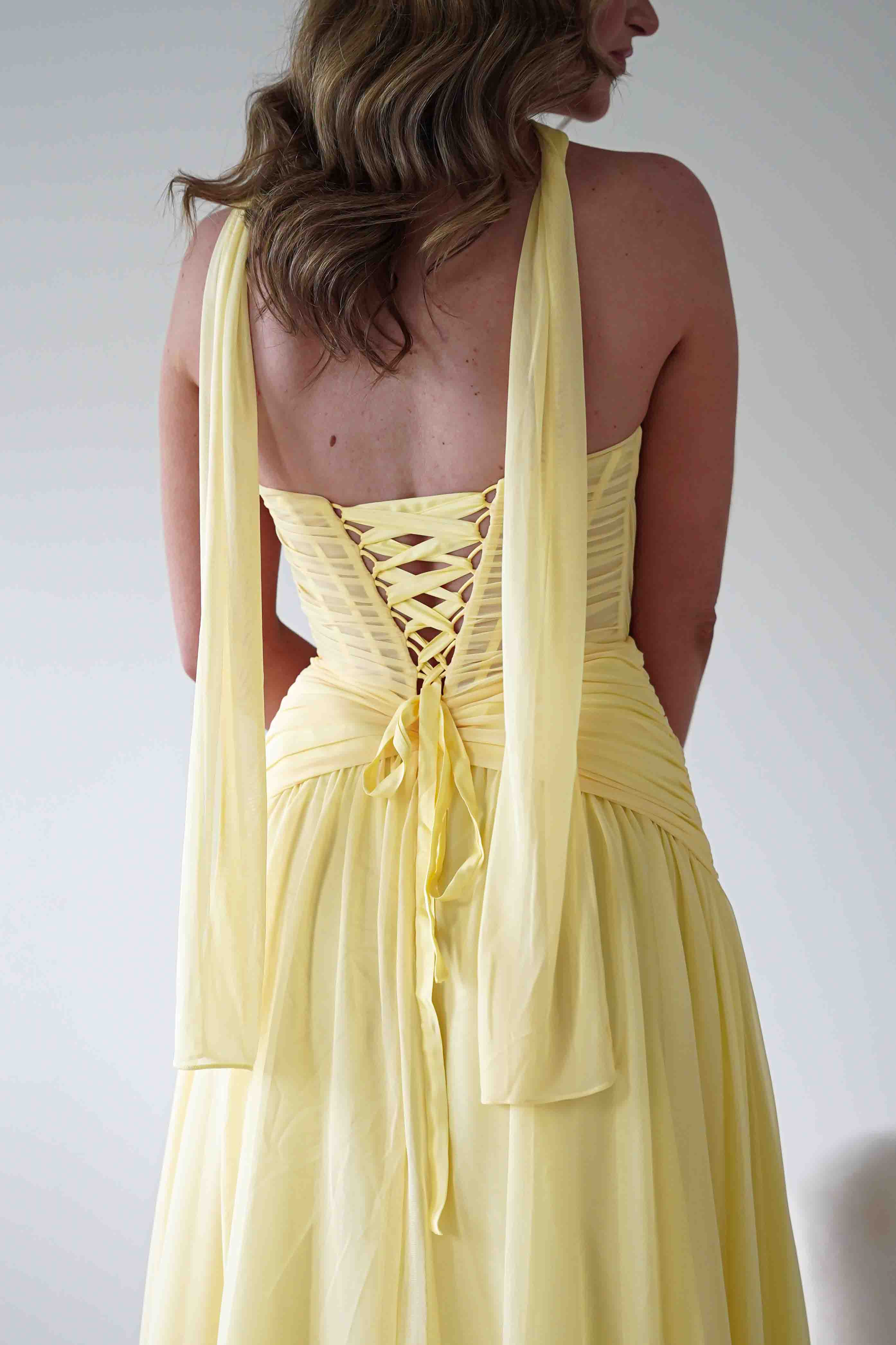 Dreamy Pale Yellow Chiffon Halter Neck Sweetheart Corset Lace-Up Back A-Line Evening Dresses